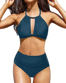 2 Piece Triangle Halter High Waisted Bikini For Women-Teal