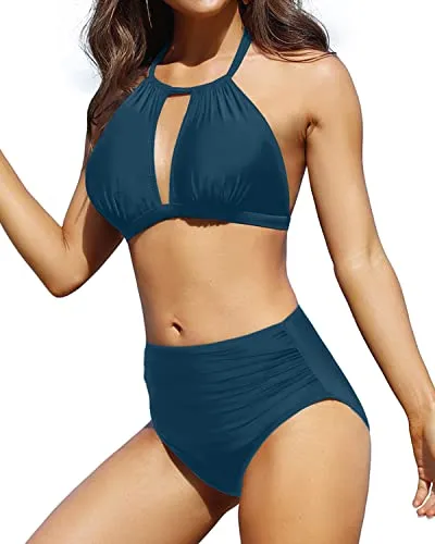 2 Piece Triangle Halter High Waisted Bikini For Women-Teal