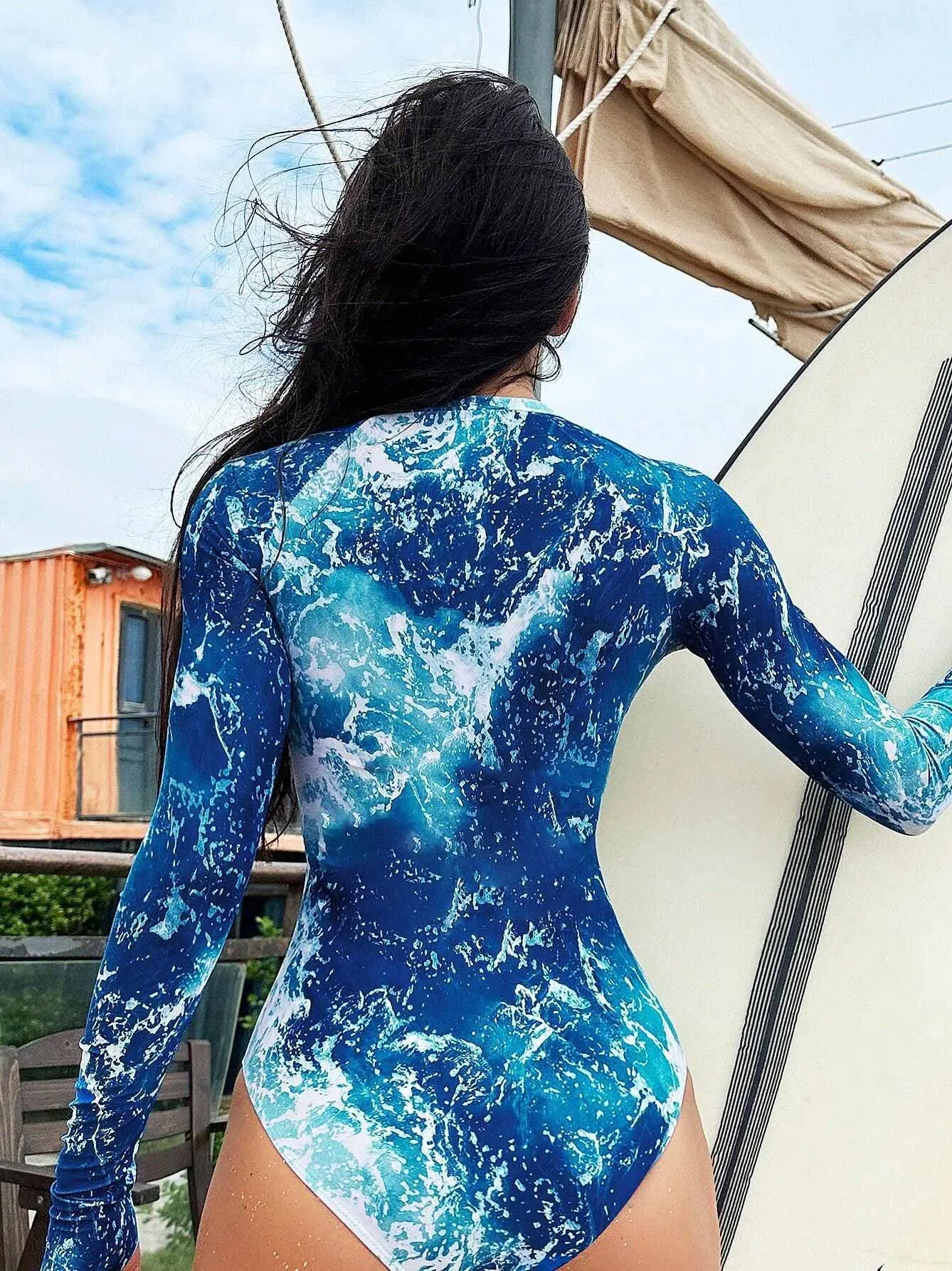 Blue printed long sleeve sun protection zippered swimsuit