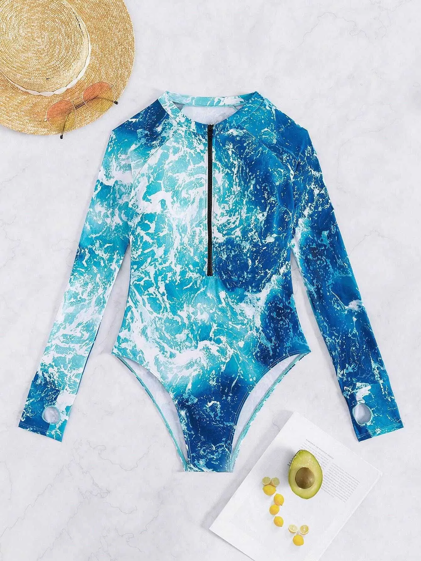 Blue printed long sleeve sun protection zippered swimsuit