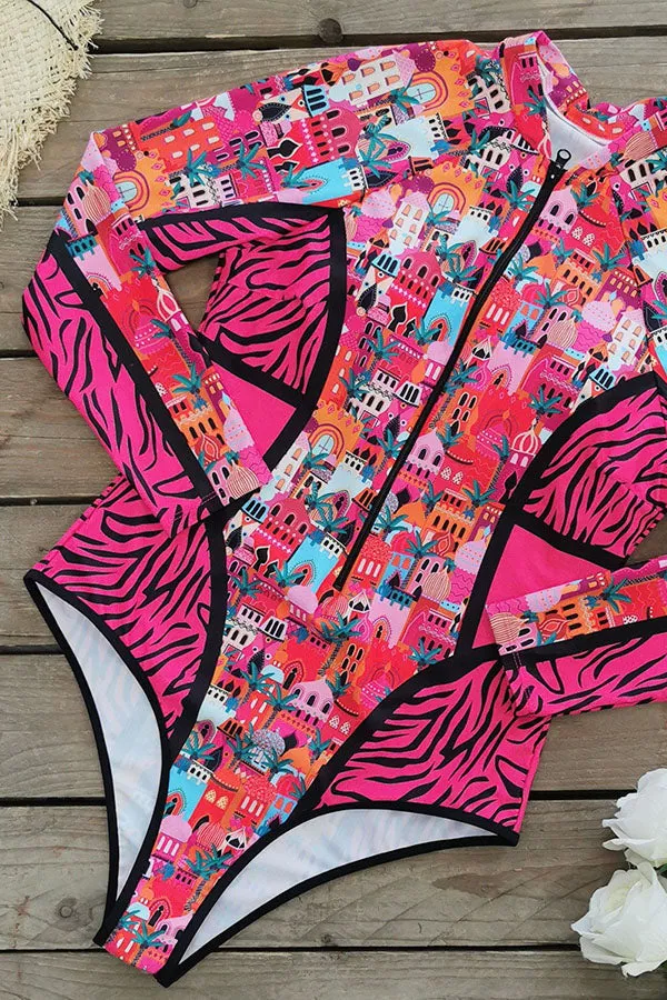Clearance | Plus Size Nautical long Sleeve Swimsuit Pink House Print UPF50  Rash Guard