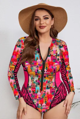Clearance | Plus Size Nautical long Sleeve Swimsuit Pink House Print UPF50  Rash Guard
