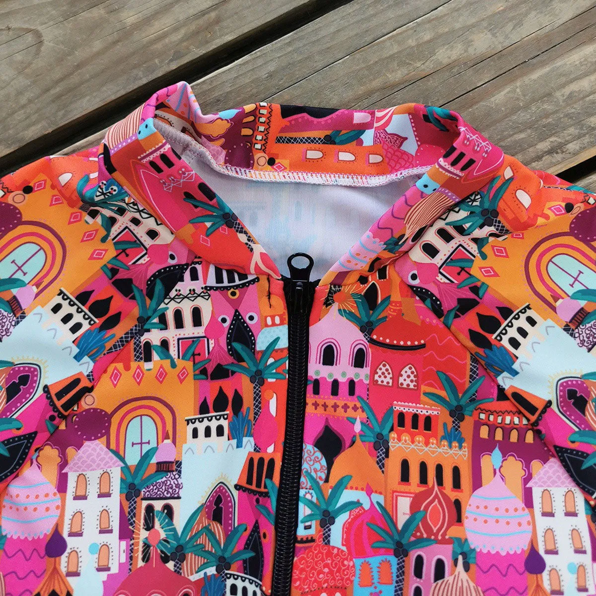 Clearance | Plus Size Nautical long Sleeve Swimsuit Pink House Print UPF50  Rash Guard