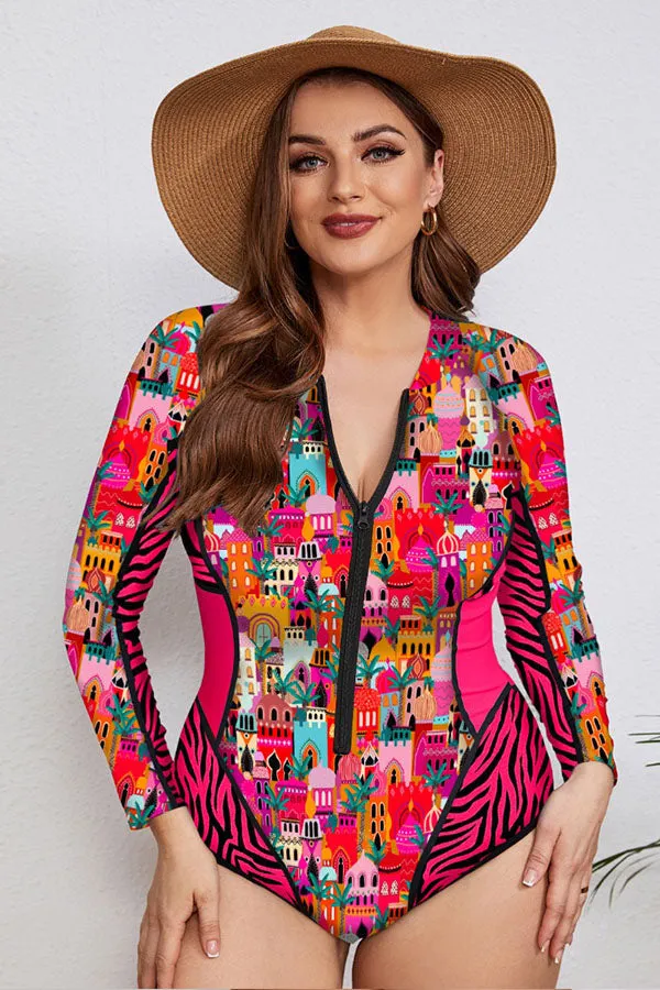 Clearance | Plus Size Nautical long Sleeve Swimsuit Pink House Print UPF50  Rash Guard