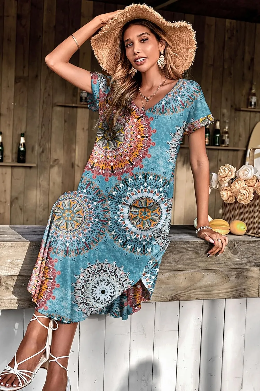 Ekouaer Nightgowns for Women V Neck Nightshirts Short Sleeve Soft Sleepwear Side Split Pockets Long Nightdress