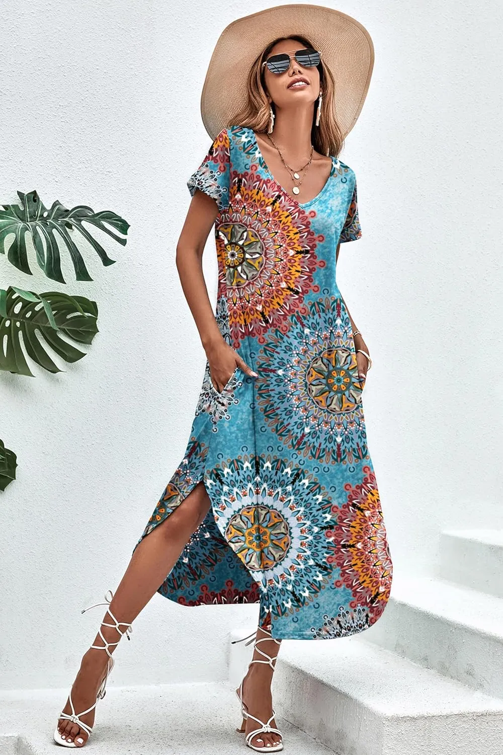 Ekouaer Nightgowns for Women V Neck Nightshirts Short Sleeve Soft Sleepwear Side Split Pockets Long Nightdress