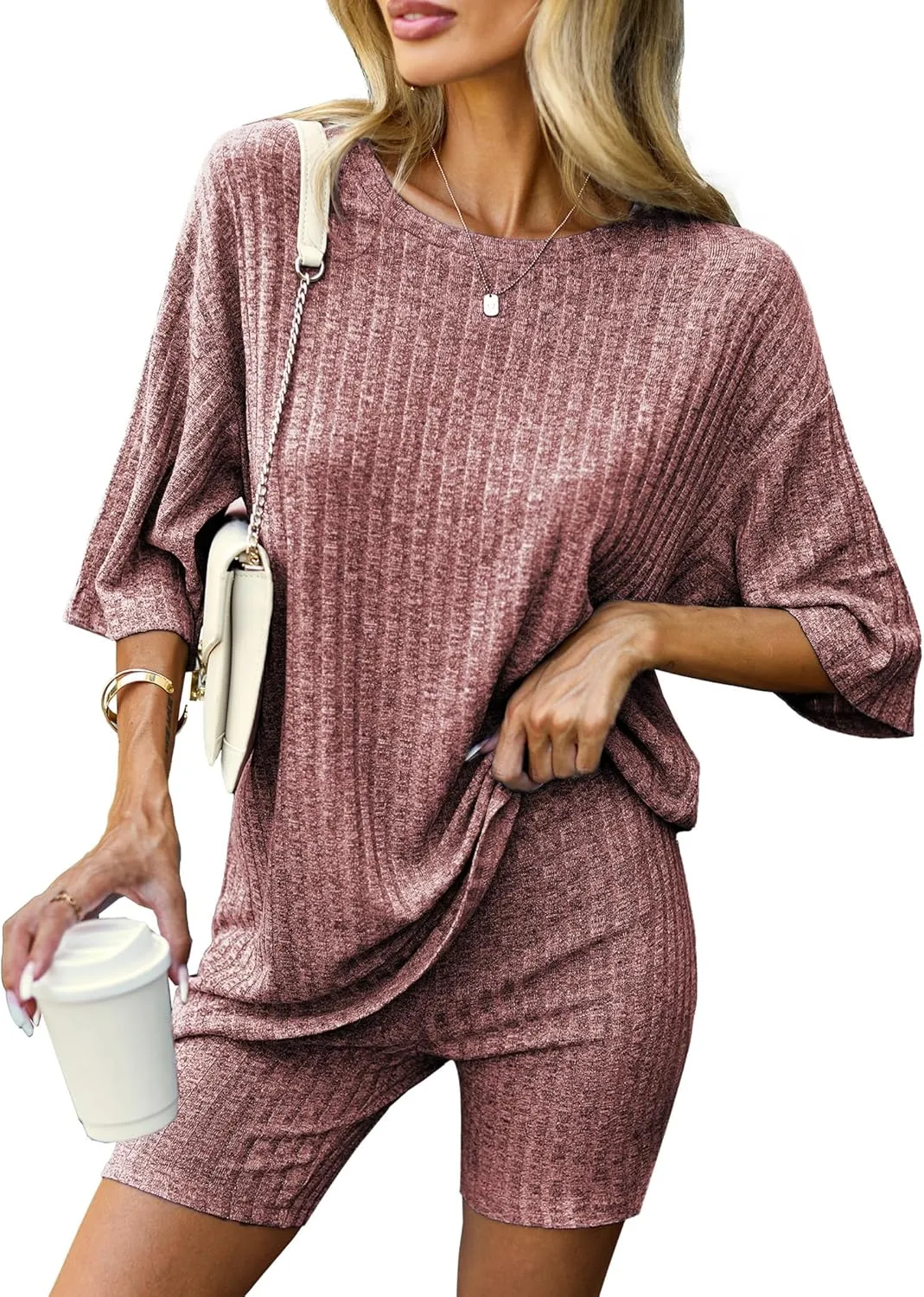 Ekouaer Pajamas 2 Piece Lounge Sets Ribbed Knit Matching Outfits T-shirt Biker Shorts Sleepwear Loungewear Sweatsuits