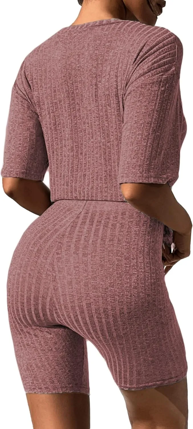Ekouaer Pajamas 2 Piece Lounge Sets Ribbed Knit Matching Outfits T-shirt Biker Shorts Sleepwear Loungewear Sweatsuits