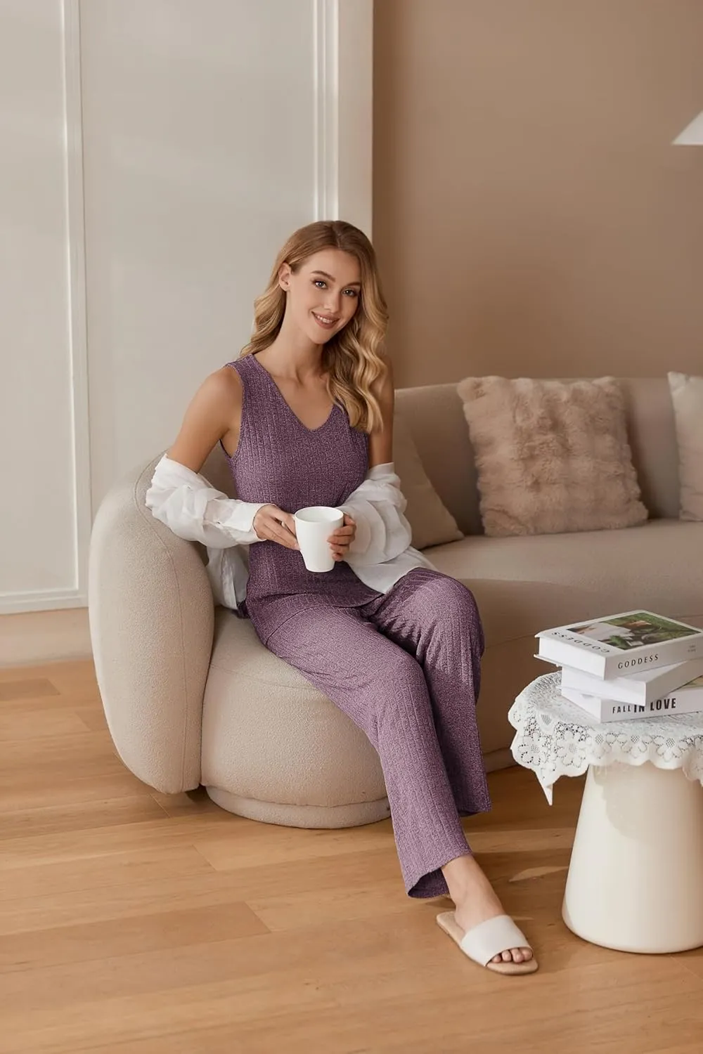 Ekouaer Women's 2 Piece Lounge Set 2025 Summer Matching Sets Sleeveless V-neck Tank Top Long Pants Pajamas Knit Outfits