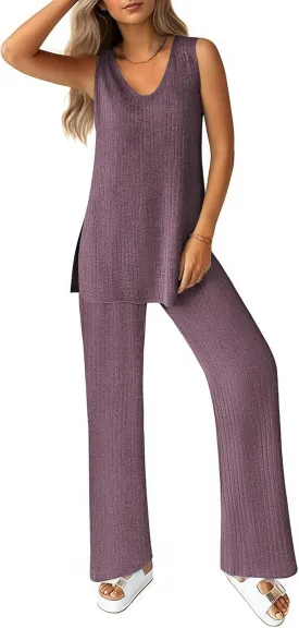 Ekouaer Women's 2 Piece Lounge Set 2025 Summer Matching Sets Sleeveless V-neck Tank Top Long Pants Pajamas Knit Outfits