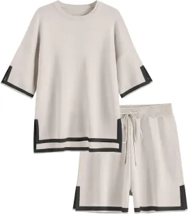 Ekouaer Womens Knit Lounge Set 2 Piece Sweater Sets Short Sleeve Sweatsuit Pullover Tops