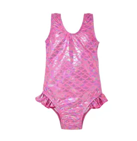 Flap Happy Kids UPF50  Delaney Shiny Pink Scales Ruffle Swimsuit