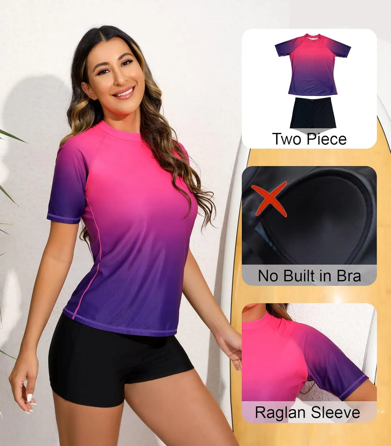 Halcurt Women Short Sleeve Two Piece Rash Guard Set UPF 50 Swim Shirt with Board Shorts