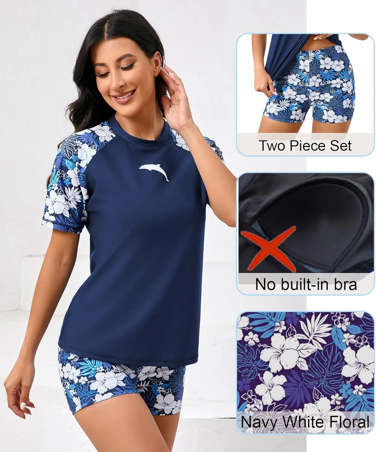 Halcurt Women Short Sleeve Two Piece Rash Guard Set UPF 50 Swim Shirt with Board Shorts