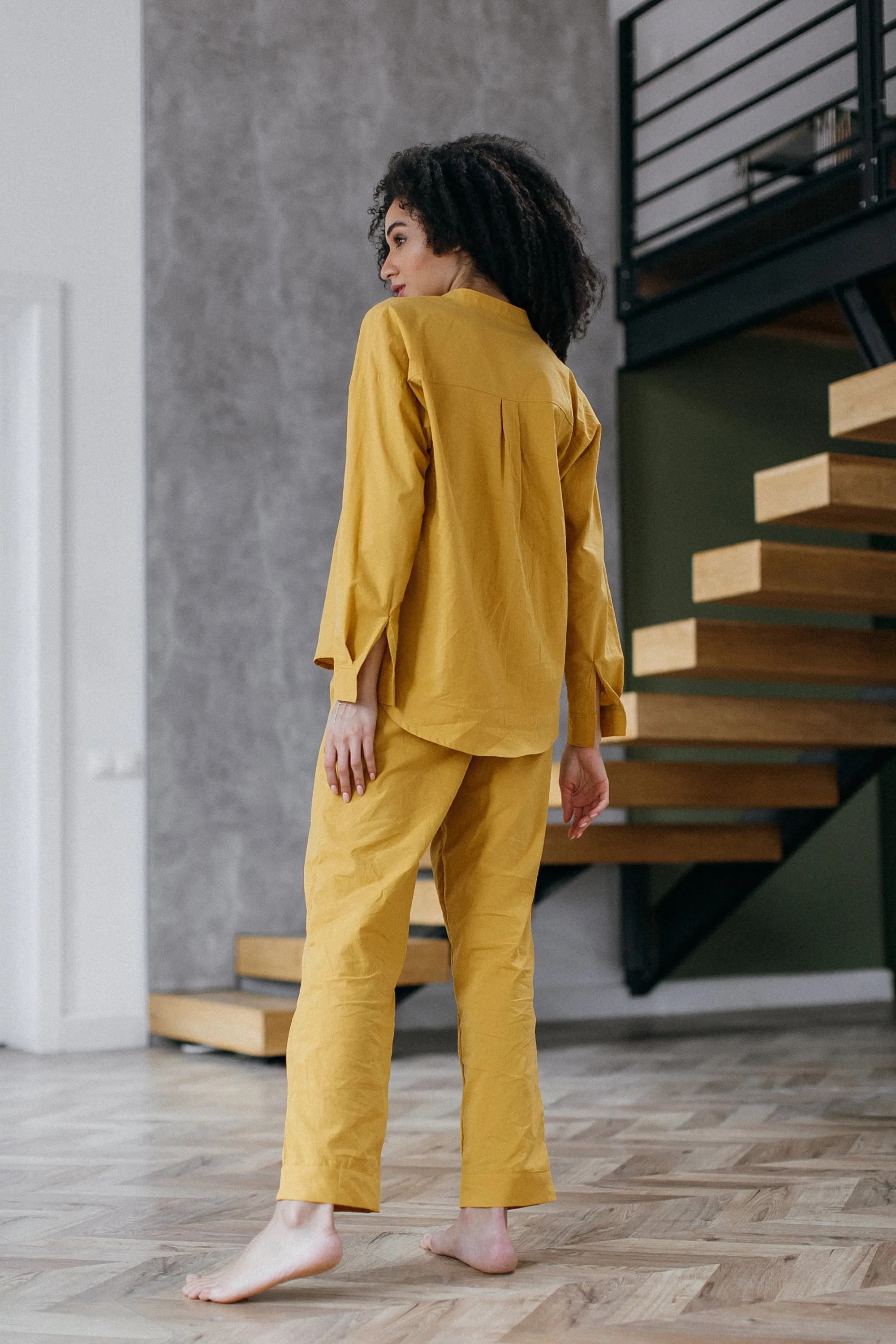 Hot Yellow Cotton Pajama Set, Curry Pajama Pants With Ribbon, Long Sleeve Natural Cotton Shirt, Comfy Cotton Sleepwear, Home Clothes For Her