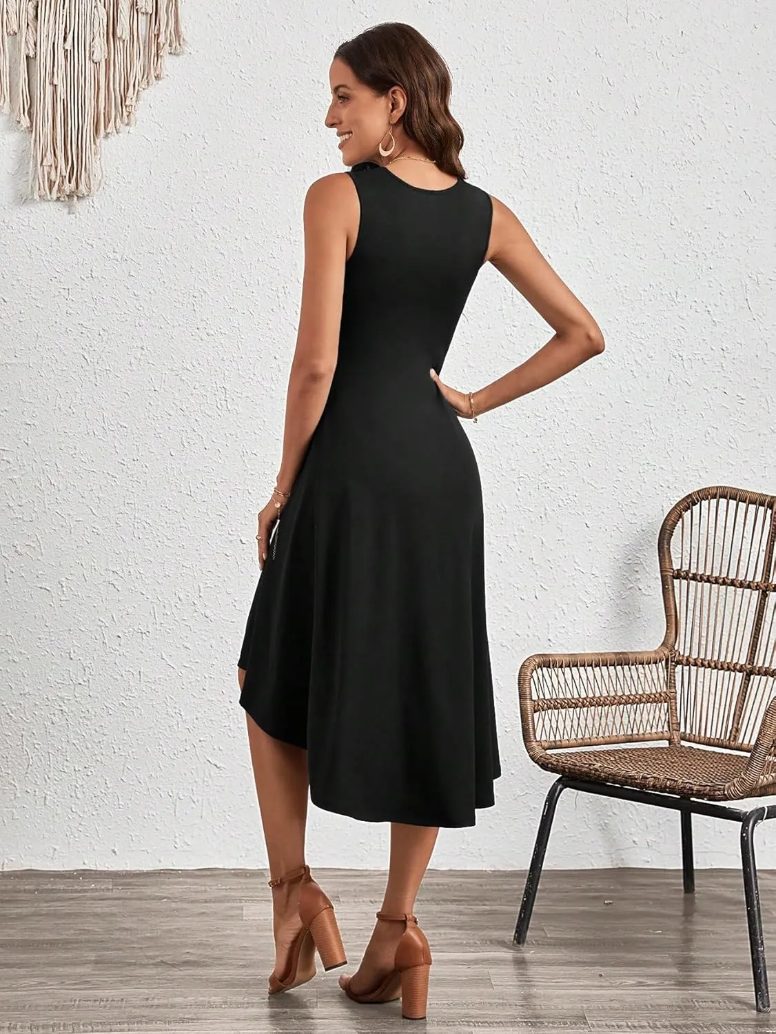 Milumia Women Asymmetrical Hem Dress Ruched Sleeveless High Low Midi Dress