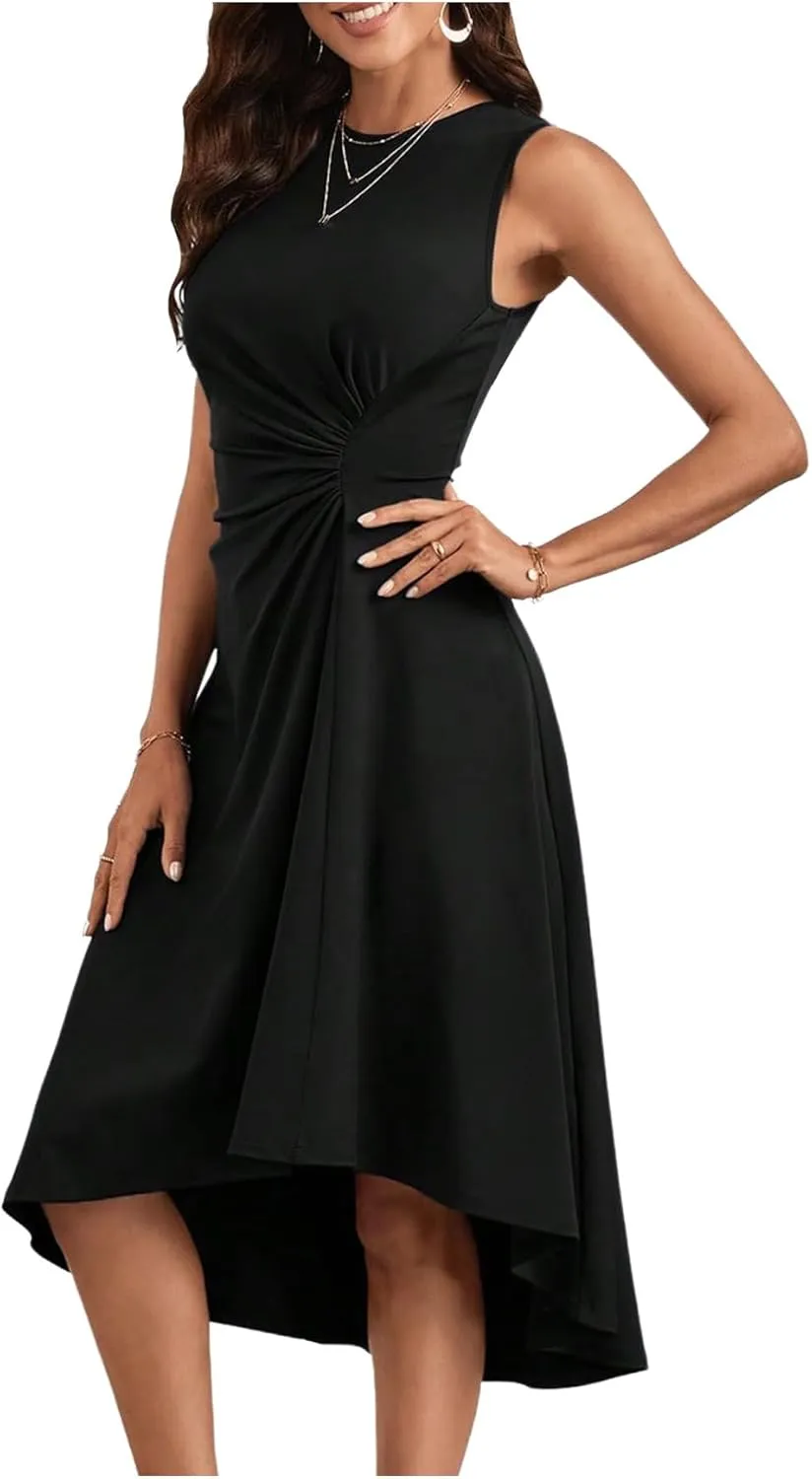 Milumia Women Asymmetrical Hem Dress Ruched Sleeveless High Low Midi Dress