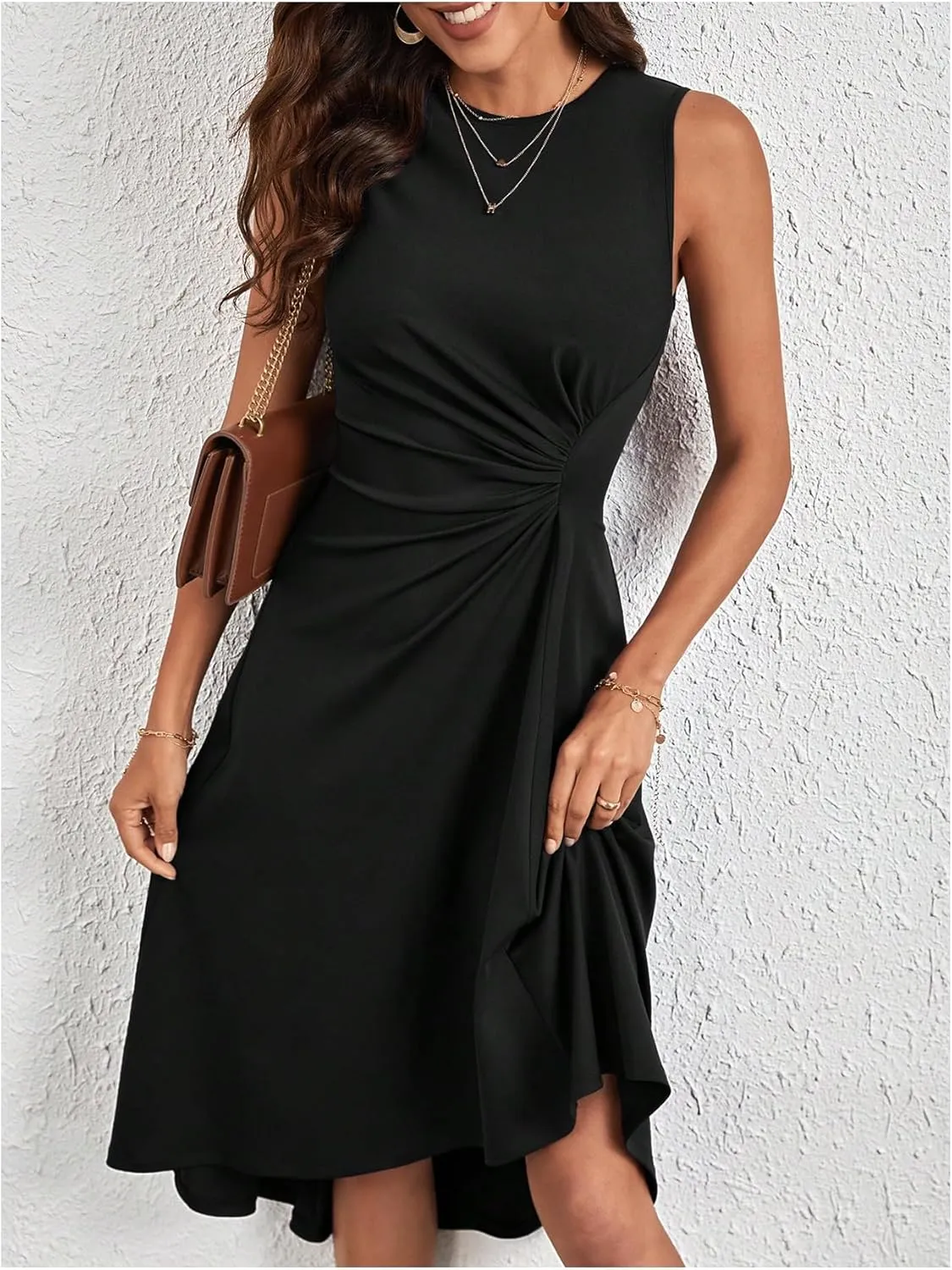 Milumia Women Asymmetrical Hem Dress Ruched Sleeveless High Low Midi Dress