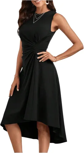 Milumia Women Asymmetrical Hem Dress Ruched Sleeveless High Low Midi Dress