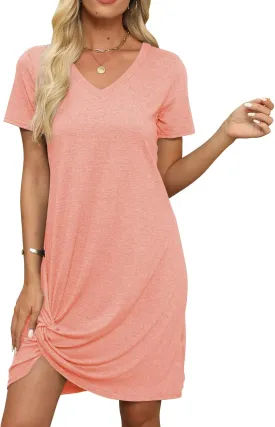 Miselon Tshirt Dresses for Women - Short Sleeve V Neck Knot T Shirt Dress Casual Summer Beach Sundresses
