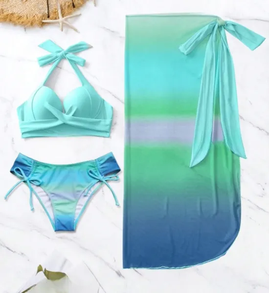 Ombre Bikini Set Halter Push Up Bra and Bikini Bottom with Beach Skirt 3 Piece Swimsuit Sky Blue