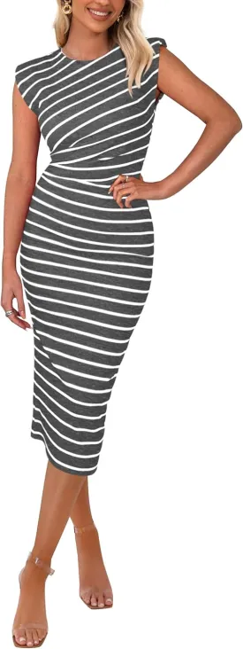 PRETTYGARDEN Women's Dresses 2025 Summer Casual Sleeveless Crewneck Slim Ruched Striped Knit Slit Midi Bodycon Dress