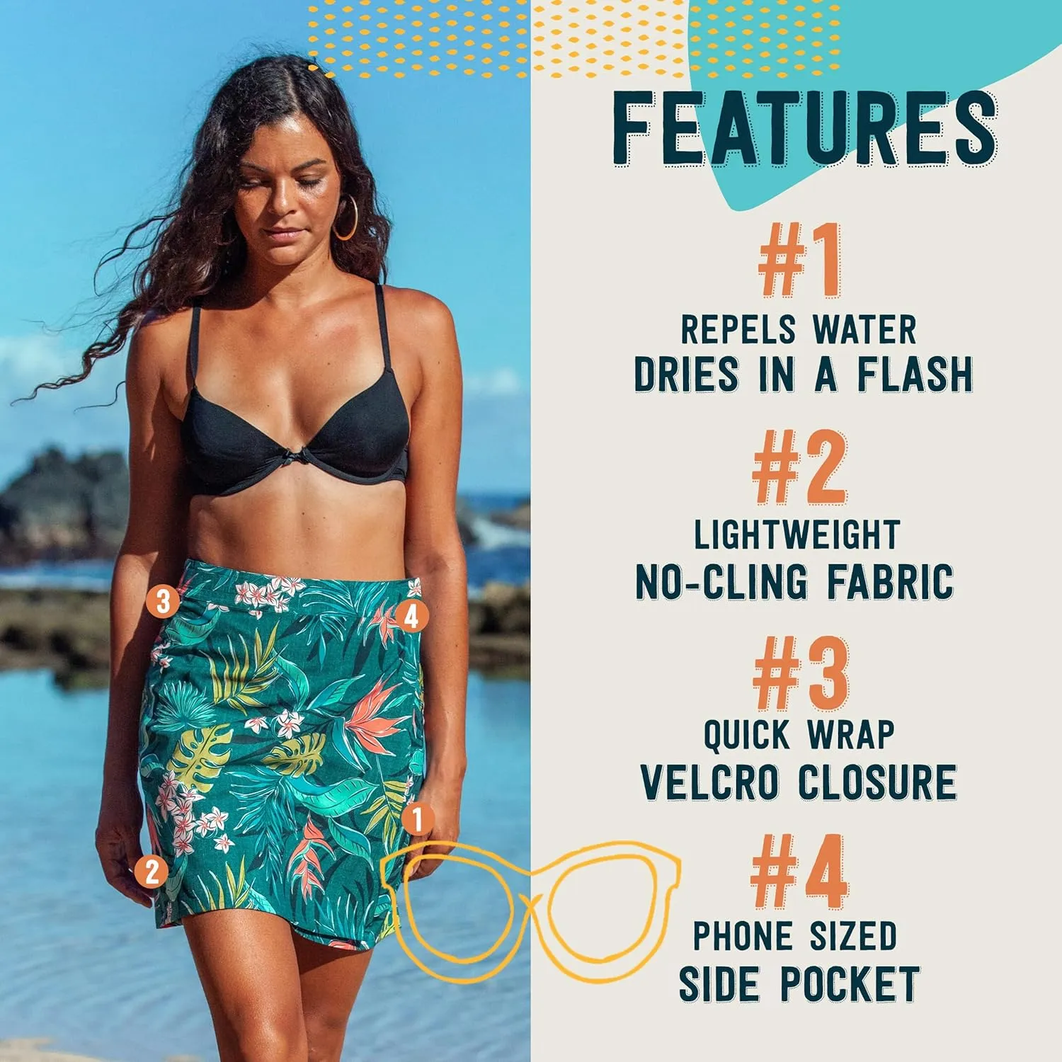 RipSkirt Hawaii Length 2 - Wrap Skirt for Women - Quick Dry Swim Cover-Up for Beach, Travel with Pocket