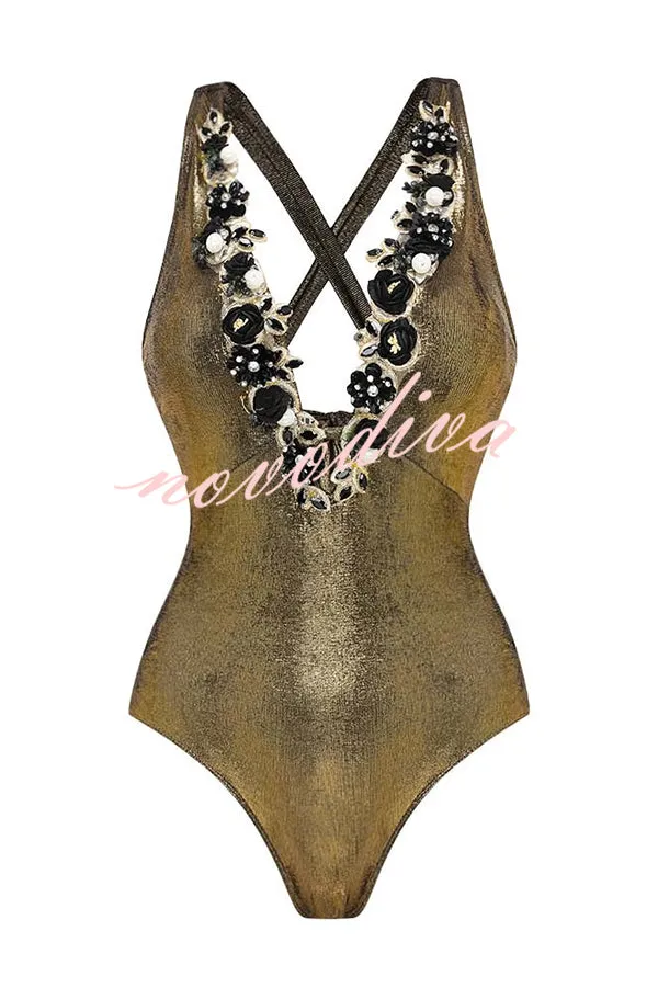 Solid Color Shiny Fabric Deep V Metal Embellished Stretch One-piece Swimsuit