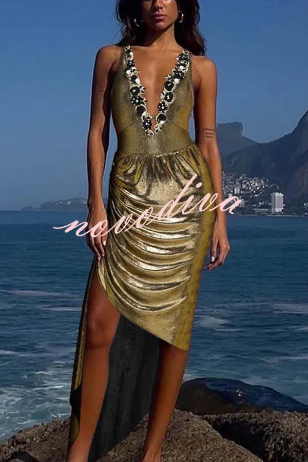 Solid Color Shiny Fabric Deep V Metal Embellished Stretch One-piece Swimsuit