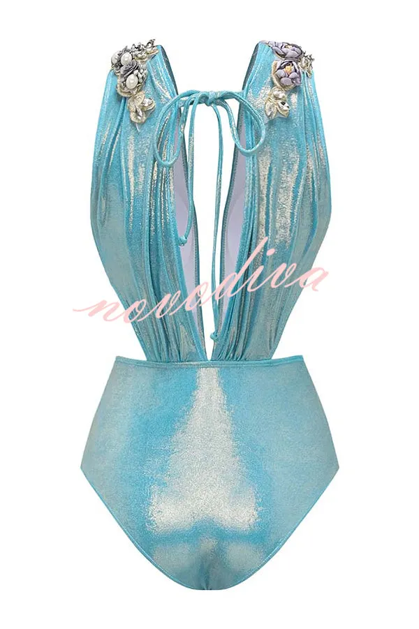 Solid Color Shiny Fabric Deep V Metal Embellished Stretch One-piece Swimsuit