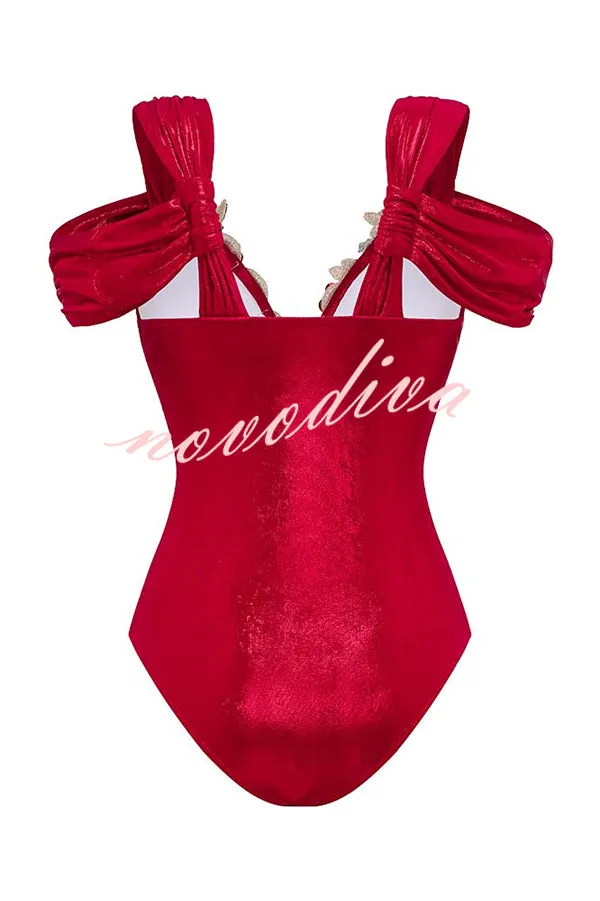 Solid Color Shiny Fabric Deep V Metal Embellished Stretch One-piece Swimsuit
