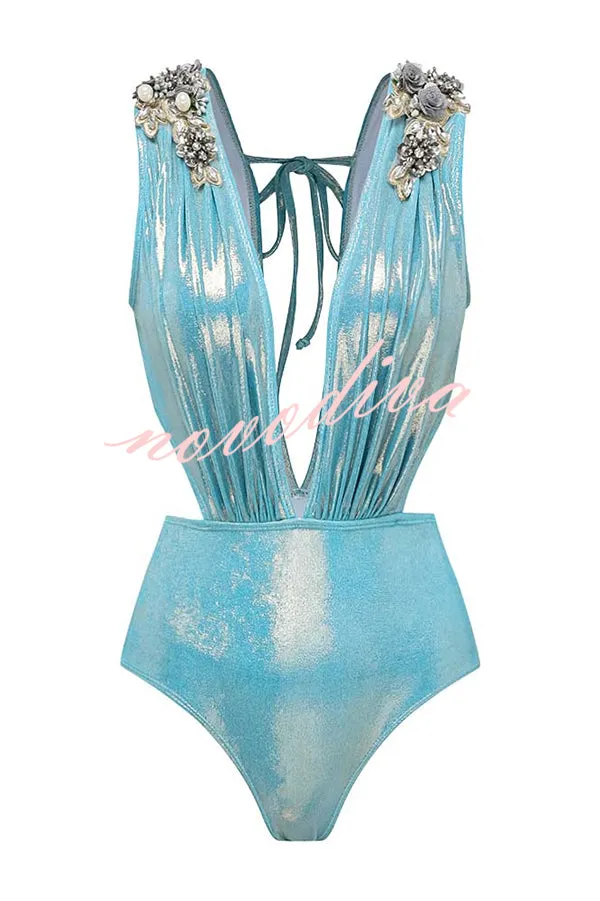 Solid Color Shiny Fabric Deep V Metal Embellished Stretch One-piece Swimsuit