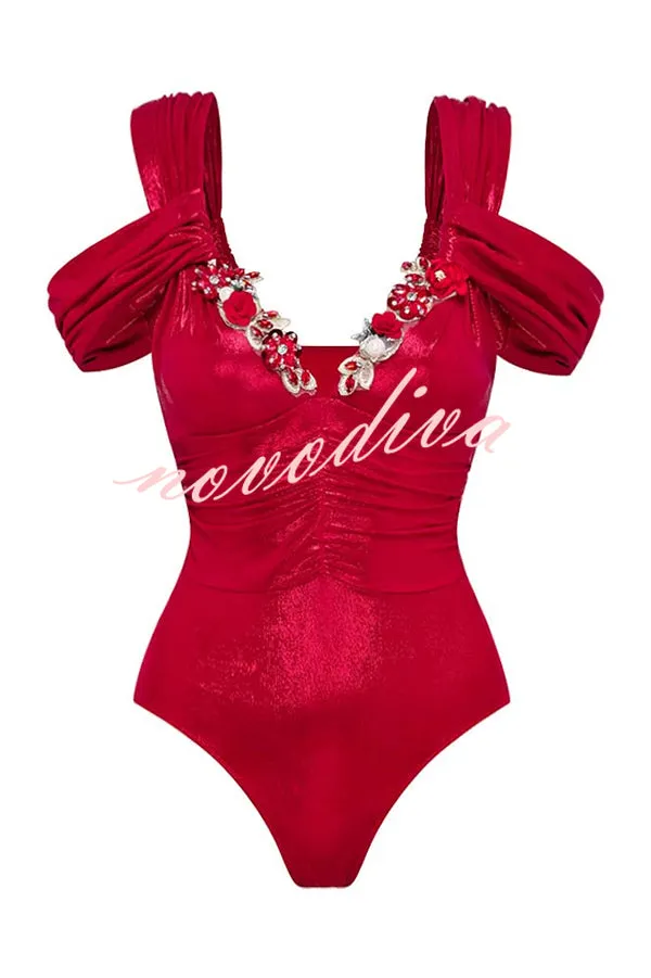 Solid Color Shiny Fabric Deep V Metal Embellished Stretch One-piece Swimsuit
