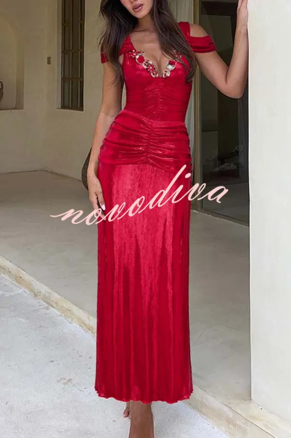 Solid Color Shiny Fabric Deep V Metal Embellished Stretch One-piece Swimsuit