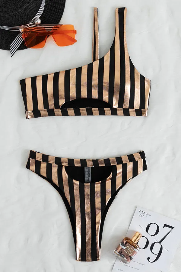 Striped One Shoulder Cutout Luxe High Waist Bikini