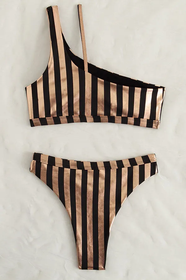Striped One Shoulder Cutout Luxe High Waist Bikini
