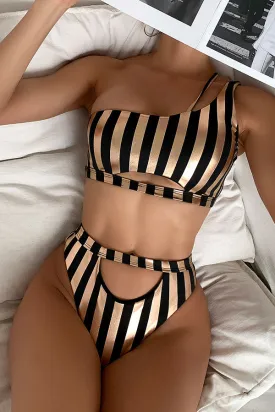 Striped One Shoulder Cutout Luxe High Waist Bikini