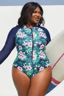 Tropical Flowers Print Long Sleeve Plus Size Swimsuit UPF50  Rash Guard