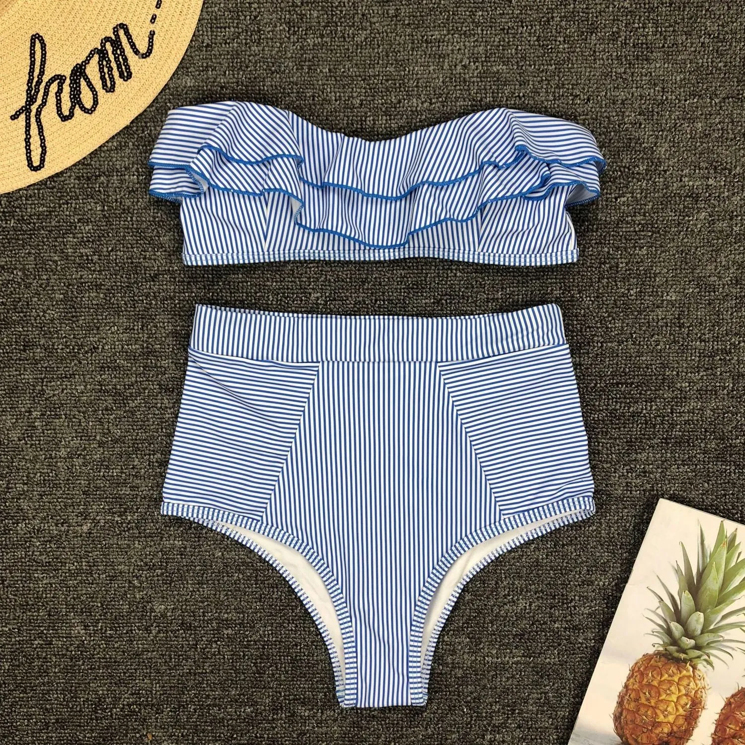 Upopby Sexy Irregular Striped Ruffles High Waist Bikini Set