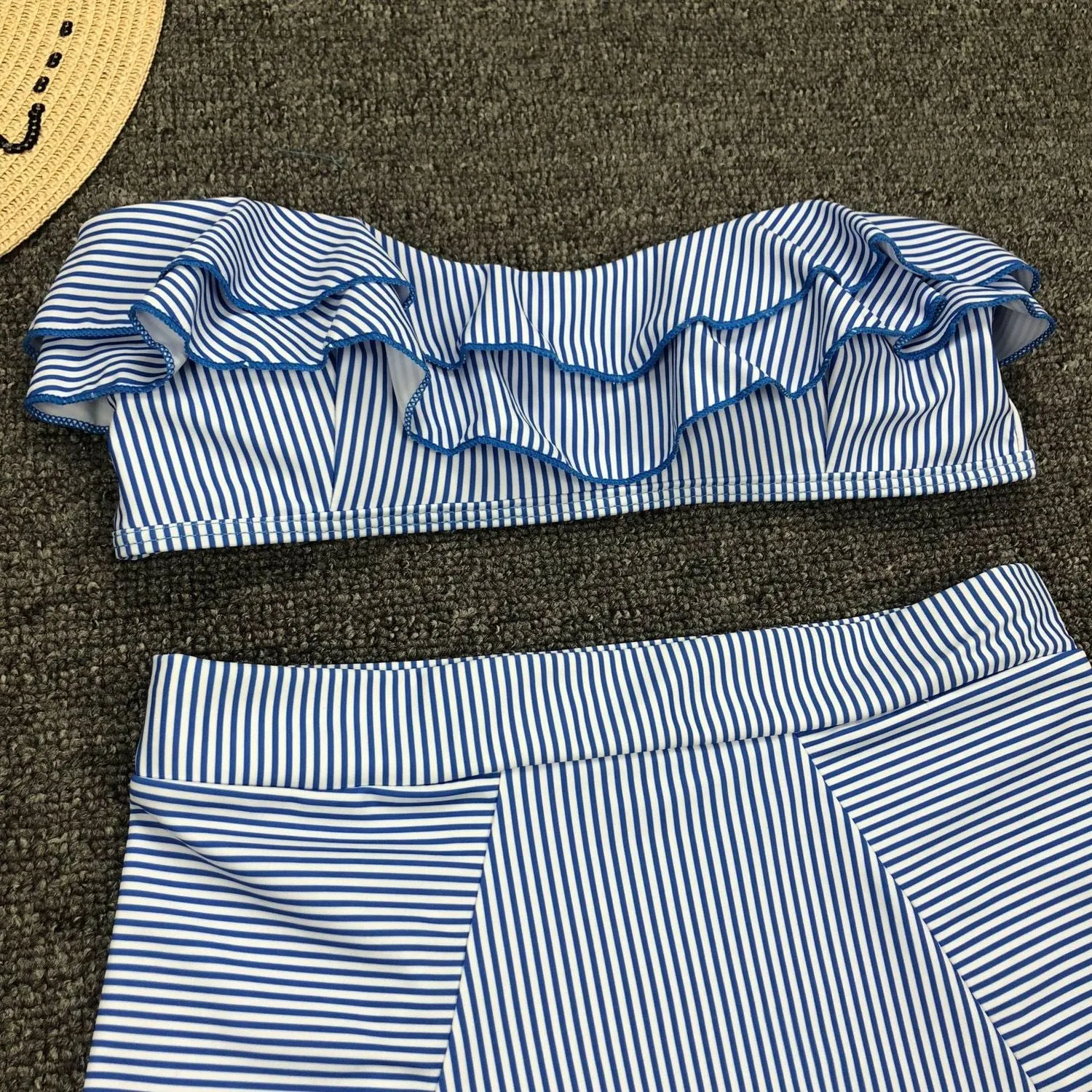 Upopby Sexy Irregular Striped Ruffles High Waist Bikini Set