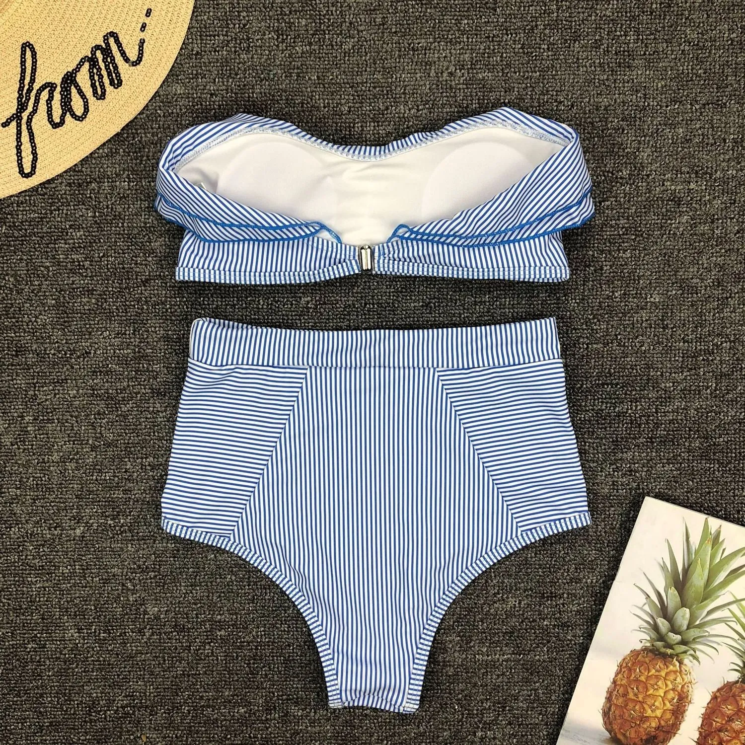 Upopby Sexy Irregular Striped Ruffles High Waist Bikini Set