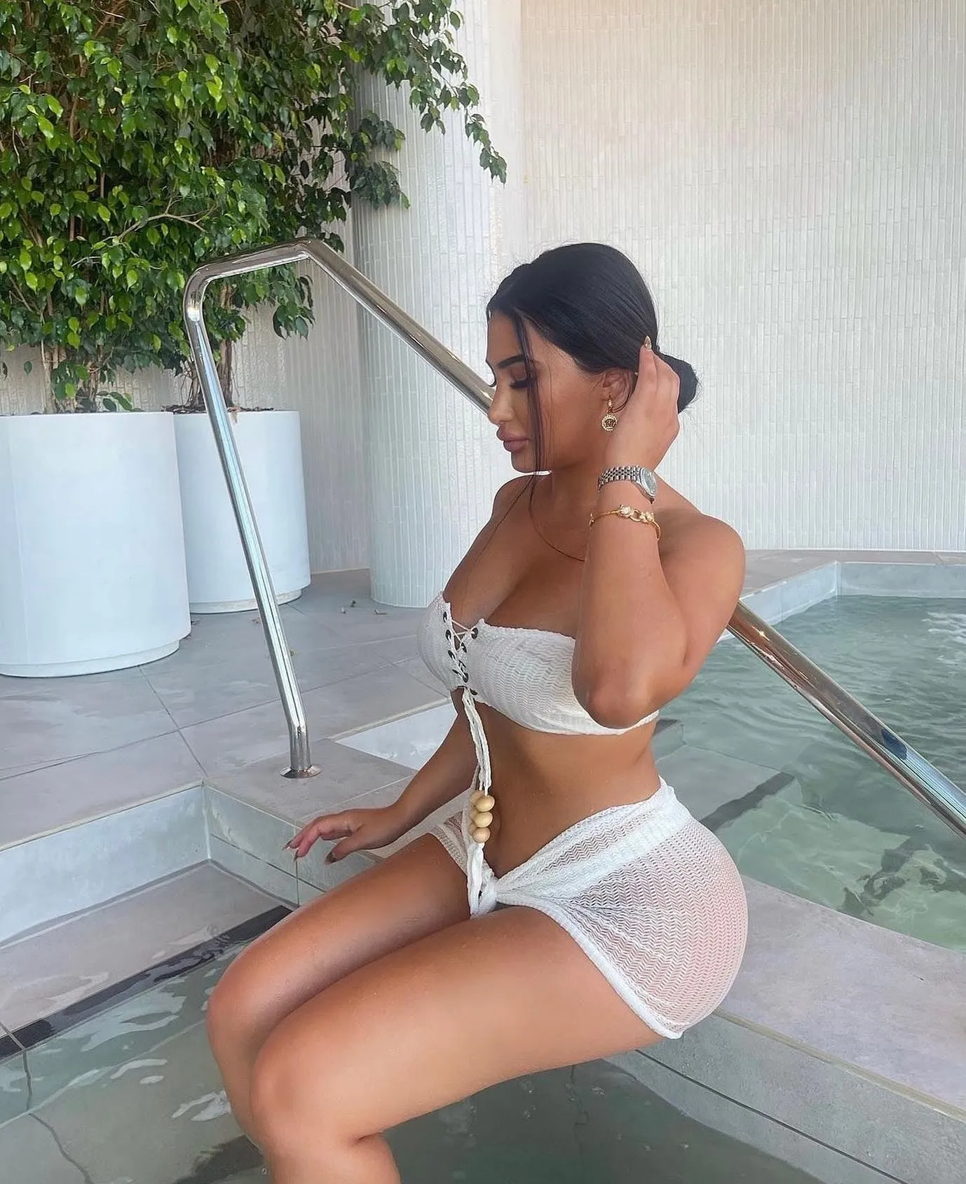 White Crochet Bandeau Lace Up Bikini Tie Up Skirt Three Piece Set