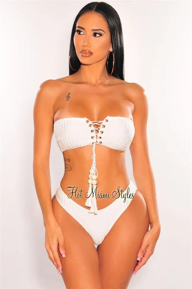 White Crochet Bandeau Lace Up Bikini Tie Up Skirt Three Piece Set
