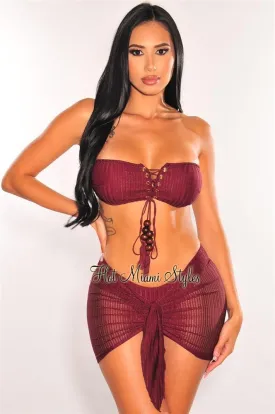 Wine Crochet Bandeau Lace Up Bikini Tie Up Skirt Three Piece Set Bottom