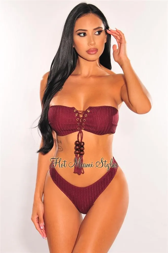 Wine Crochet Bandeau Lace Up Bikini Tie Up Skirt Three Piece Set Bottom