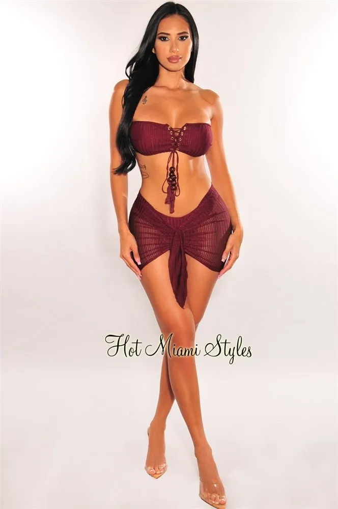 Wine Crochet Bandeau Lace Up Bikini Tie Up Skirt Three Piece Set