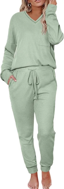 Womens Pajama Sets Waffle Knit 2 Piece Lounge Sets Sleepwear Loungewear Pjs Sets Long Sleeve V Neck Top and Pant Fall
