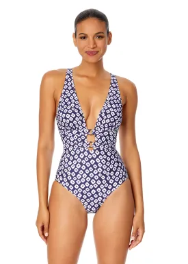 Women's Shibori Geo Double Ring Plunge Front One Piece Swimsuit