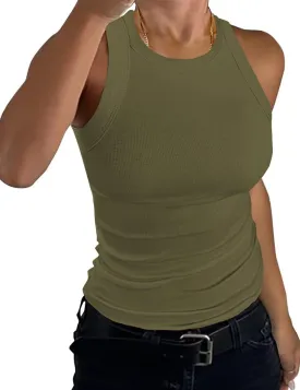 Womens Tank Tops High Neck Sleeveless Ribbed Tank Casual Basic Thick Strap Slim Fitted Racerback Shirts
